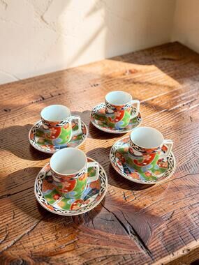 Vintage Japanese Imari Style Demitasse Espresso Cups/Saucers Set of 4 Porcelain